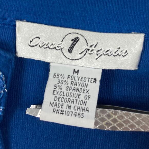 Nwot ONCE AGAIN Top M Blue Embroidery Silver Ribbon-Soutache-Floral Long-Sleeve - Picture 3 of 10